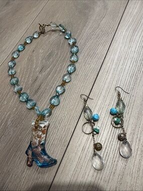 Blue Glass Bead Necklace and Dangle Earrings Set